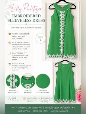 Lilly Pulitzer Green Textured Jacquard Sleeveless Dress with White Embroidery